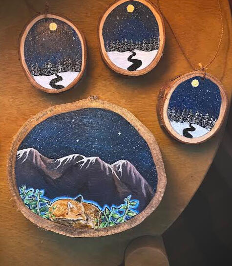 Acrylic on wood (pine) ornaments/wall hangings